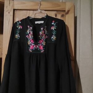 LOFT Black Top with Colorful Embroidery
